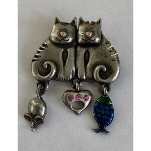 Vintage 70's Pewter Cartoon Cats Kitties Brooch With Dangles Mouse Heart Fish